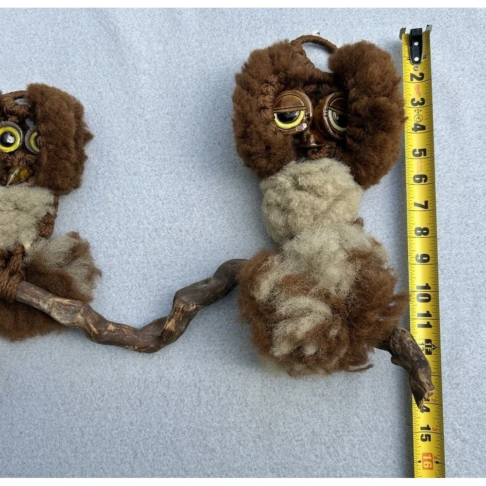 VTG Macrame Owls Perched on Wood Wall Hanging Wood Fluffy 70's MCM Brown